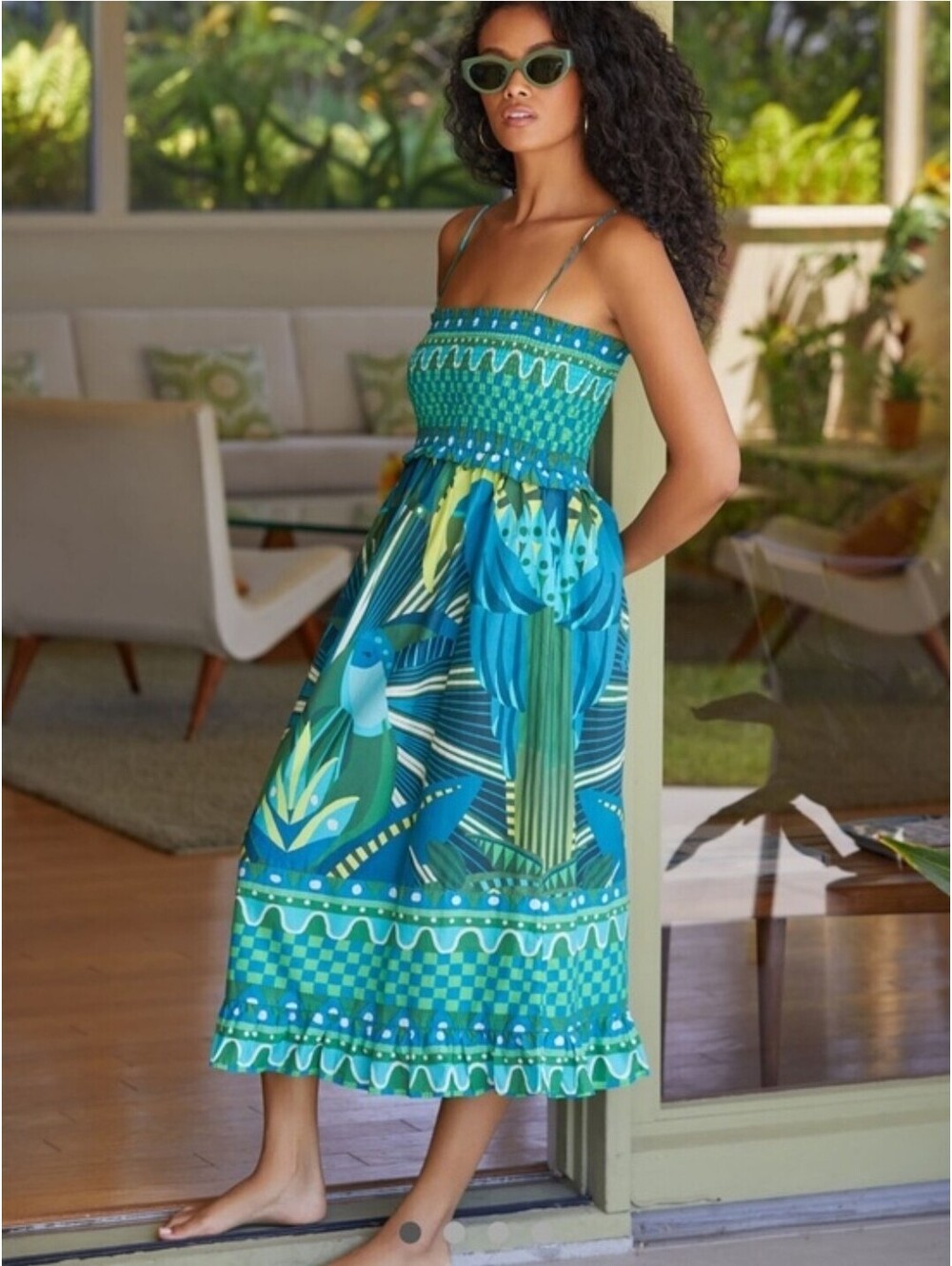 FARM RIO Maxi Dress Womens S Parrot Rainforest Beaded Smocked Floral Grn RARE!!